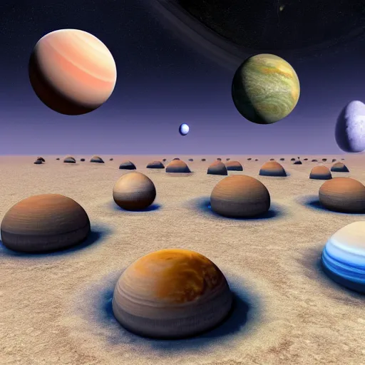 Image similar to photo of mob of planets in galactic mealstrom, vray