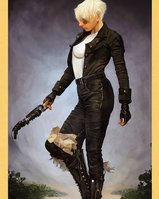 Prompt: a full body portrait of a beautiful androgynous punk girl with short hair and beautiful eyes, beautiful face, wearing tall combat boots, who is a mechanic wearing overalls, digital concept art, detailed digital painting, by j. c. leyendecker and edward blair leighton and charlie bowater, trending on artstation