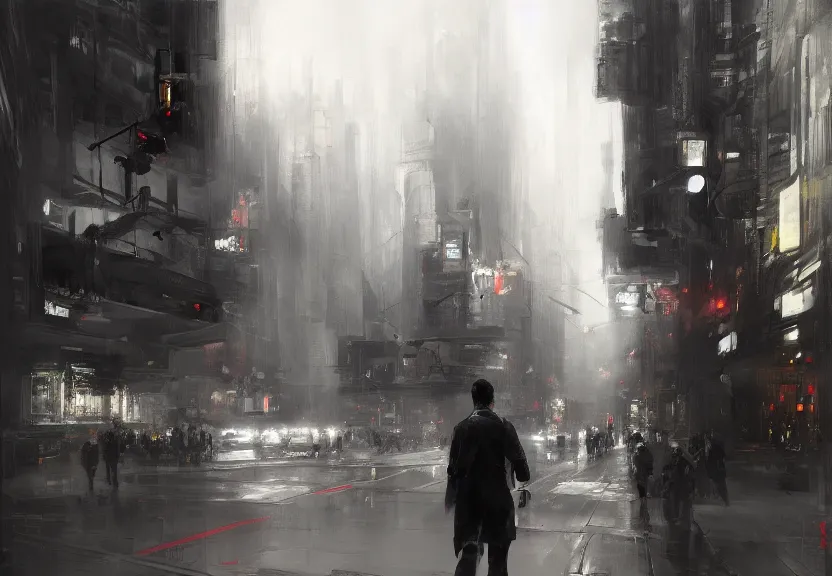 Image similar to painting of the figure of a man in an urban scenery, high contrast, concept art, city, dramatic lighting, digital art, 8 k, extremely detailed, drawn by ruan jia