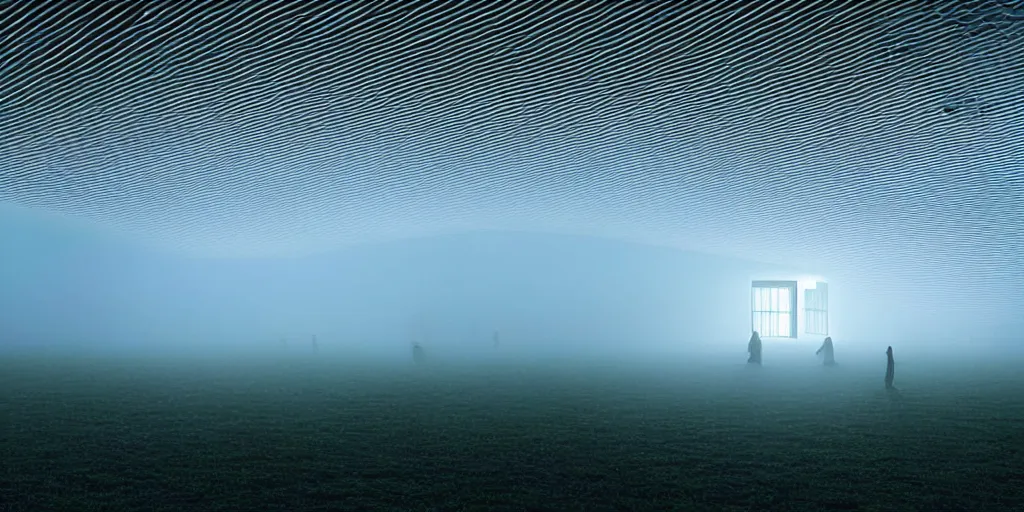 Image similar to white honeycomb organic illuminated building with warm illumination inside by kendall buster sits on the field evening atmosphere in low fog, 4 k, insanely quality, highly detailed, film still from the movie directed by denis villeneuve with art direction by zdzisław beksinski, telephoto lens, shallow depth of field