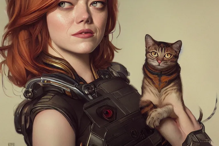 Image similar to Ultra realistic illustration, Emma Stone and cat, cyberpunk, sci-fi, intricate, elegant, highly detailed, digital painting, artstation, concept art, smooth, sharp focus, illustration, art by artgerm and greg rutkowski and alphonse mucha