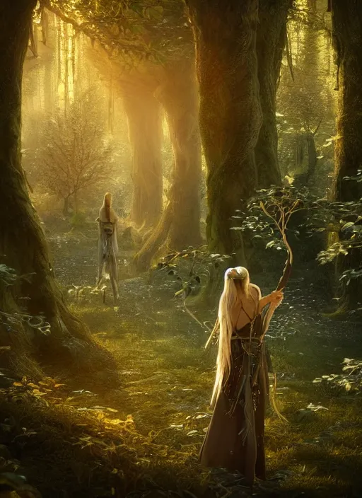 Image similar to magical forest with gold and silver leafs, music, girl with blond long hair back view, elves, lord of the rings style, ultra detailed, trending on artstation, concept art, octane render, unreal engine,