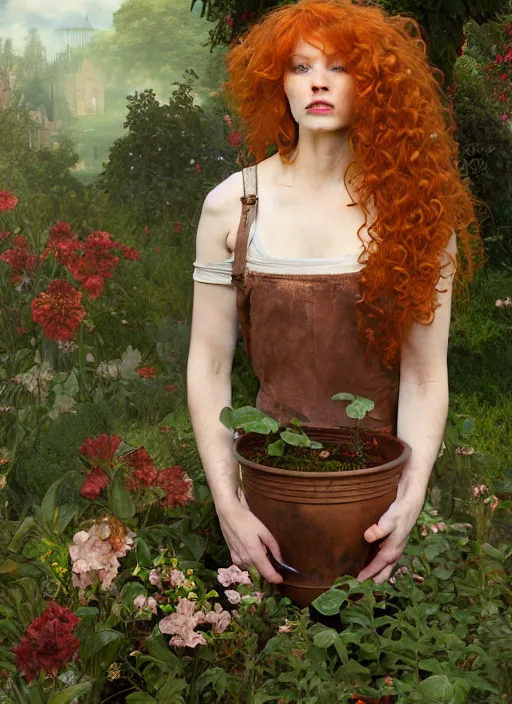 Image similar to curly redhead gardener wearing a giant flower pot as outfit physically accurate, moody dynamic lighting, very very intricate, very very elegant, highly detailed, digital painting, artstation, HR GIGER, Hieronymus Bosch, Francis Bacon, concept art, smooth, very beautiful, sharp focus, illustration, art by artgerm and greg rutkowski and alphonse mucha