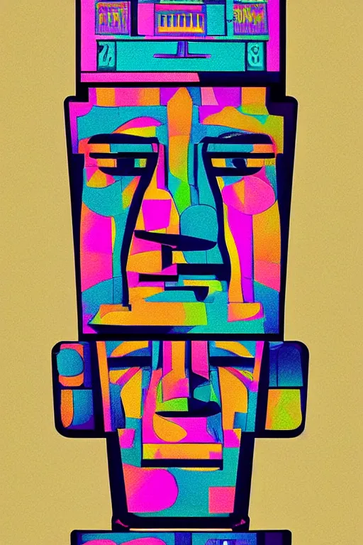 Image similar to cubist moai statue cutout digital illustration cartoon colorful beeple