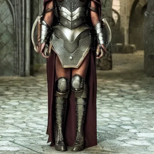 Image similar to Katie McGrath as Morgana wearing a suit of medieval-style magic power armor