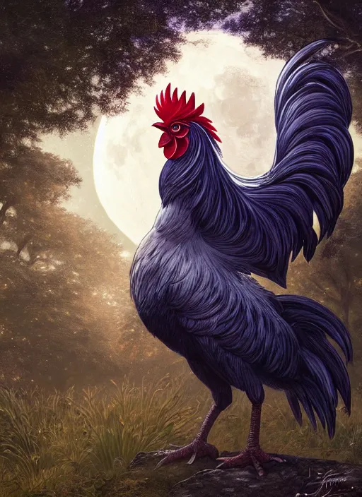 Image similar to close - up portrait of a beautiful anime rooster in front of the full big moon in a fantasy forest, by james gurney, max liebermann, greg rutkowski, highly detailed digital art, artstation