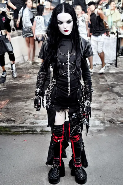 Prompt: cute black-and-red haired goth girl, goth look and clothes, chrome hearts, hyper-maximalist, highly-detailed and intricate, Rick Owens, trending on r/streetwear, outfit photo, we see them from head to toe