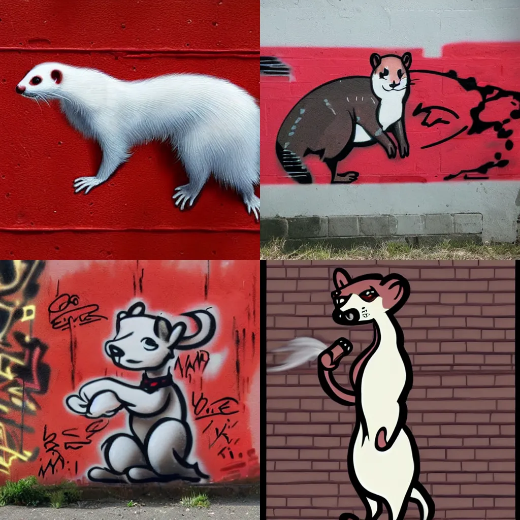 Prompt: ( ( ( ( ferret * weasel * stoat ) * ( red + black ) ) / ( fursona ) ) + ( ( smoke / backing ) ) ) = ( wall + graffiti )