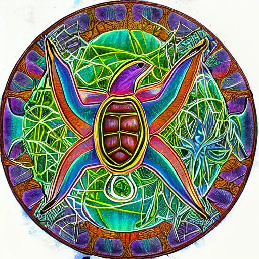 Image similar to turtle sparrow crystal apotheosis, in the style of alex grey and maxfield parish,