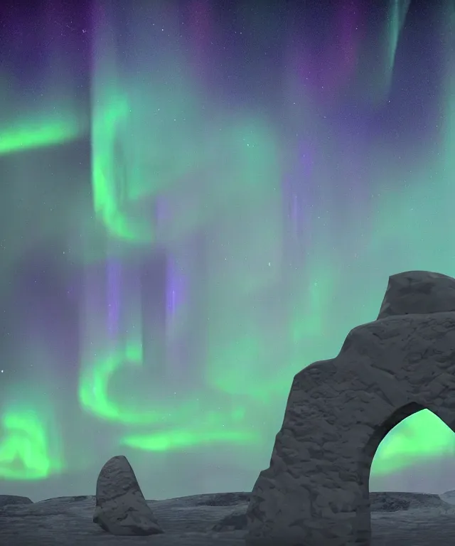 Image similar to stone archway, aurora borealis, portal, mysticism, photorealistic, fog