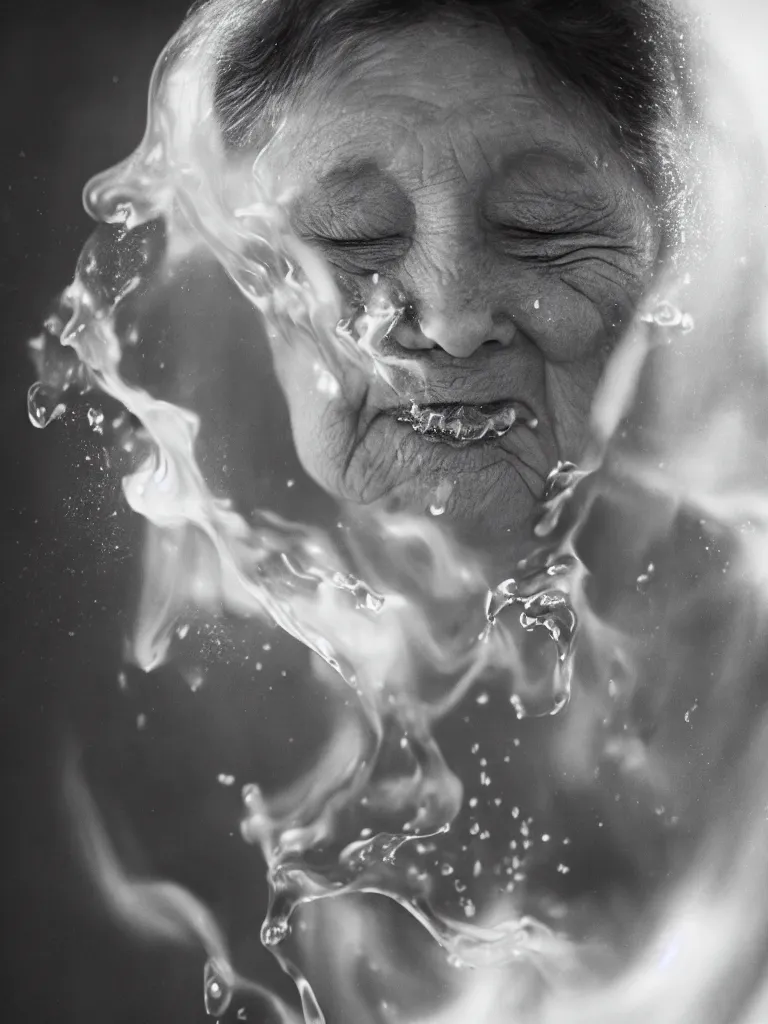 Prompt: Analog photographic portrait with 50 mm lens and f/12.0 of a 90 years old woman with her eyes closed and spurting from her mouth a white viscous fluid floating in the air. With a slight variation of light in the liquid.