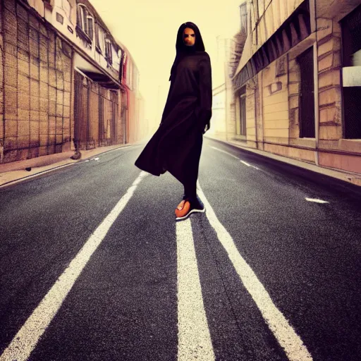 Image similar to a fashion model, creative, brown skin, digital art, photo manipulation, colossal, artstation, standing, giant, road, street, floor, ground