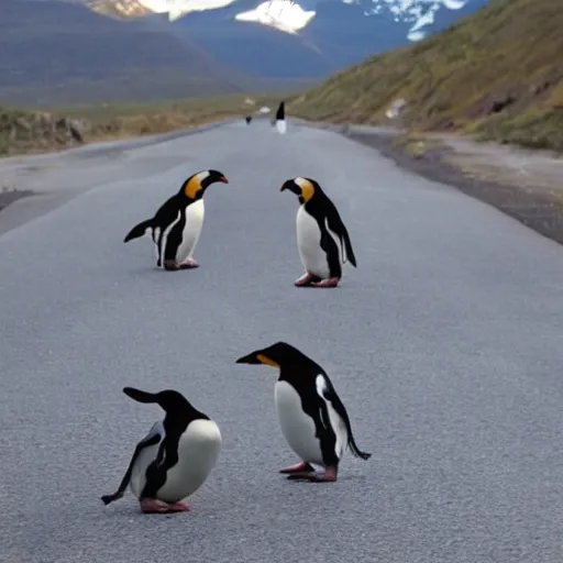 Image similar to penguins in sombreros walking across the road