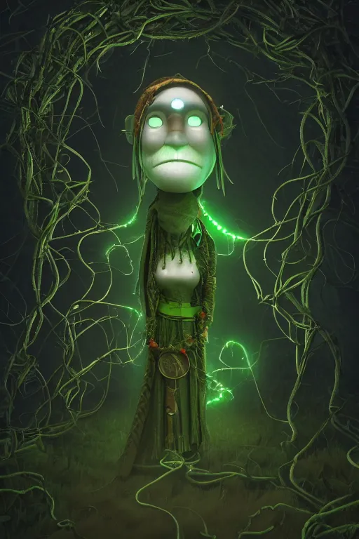 Image similar to A full body portrait of a cute shaman with no face, glowing eyes and a very long hooded dark green cloak of leaves and vines by Pixar, ominous, cosmic horror, stylized, Octane Render 4k