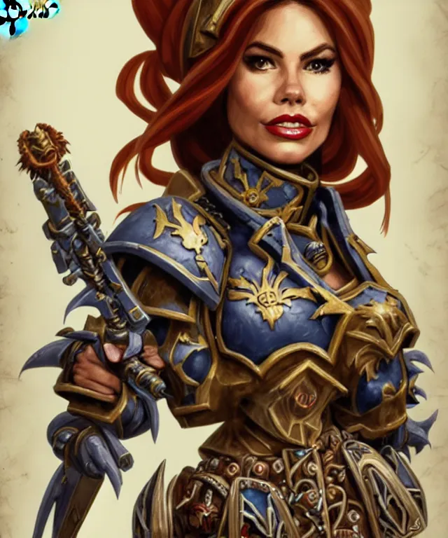 Image similar to Sofia Vergara as a battle sister from Warhammer 40k, portrait, highly detailed, intricate, concept art, artstation
