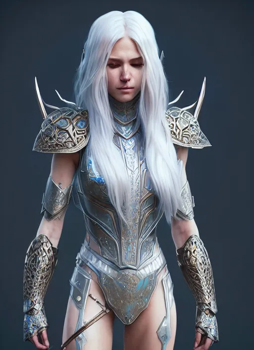 Prompt: light opal armor!!! long wild white hair!! covered chest!!! fantasy, d & d, intricate ornate details, symmetry, concept art, sharp focus, illustration, art by artgerm! greg rutkowski magali villeneuve wlop! ilya kuvshinov!!, octane render, unreal engine 5, highly rendered!!