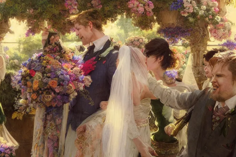 Image similar to the groom look at the bride at a wedding full of flowers, bright and happy, dreamlike art, highly detail, 4 k realistic, wedding photoy krenz cushart, artem demura, yoji shinkawa artgerm, jon lothian, danilo torres. adi meyers. thomas reimann. gaston bussiere.