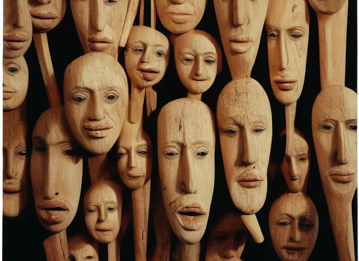 Prompt: realistic photo portrait of the a sculpture of a group portrait of heads with long beaks made of wood, eyes made of caviar poorly designed in style of arte povera, fluxus, dadaism, joseph beuys, ugly made, low quality standing in the wooden polished and fancy expensive wooden museum interior room 1 9 9 0, life magazine reportage photo