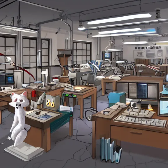 Image similar to highly detailed weapons laboratory, clean and organized, quantum technology, with anthropomorphic furry researchers, tables, parts, windows, sci fi, Extremely detailed digital art, furry art, furaffinity, DeviantArt, HD artstation