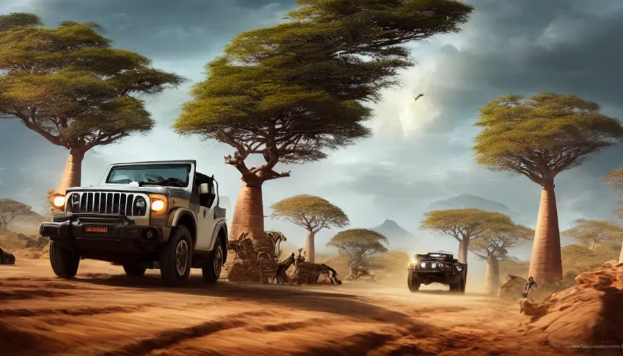 Image similar to mahindra thar driving through madagascar road with baobabs trees, animals running along, action scene, an epic fantasy, wide shot, artgerm, trending on artstation, masterpiece, by greg rutkowski, by ross tran, by fenghua zhong, octane, soft render, ultrarealistic, colorful, cinematic, shadow of the tomb rider