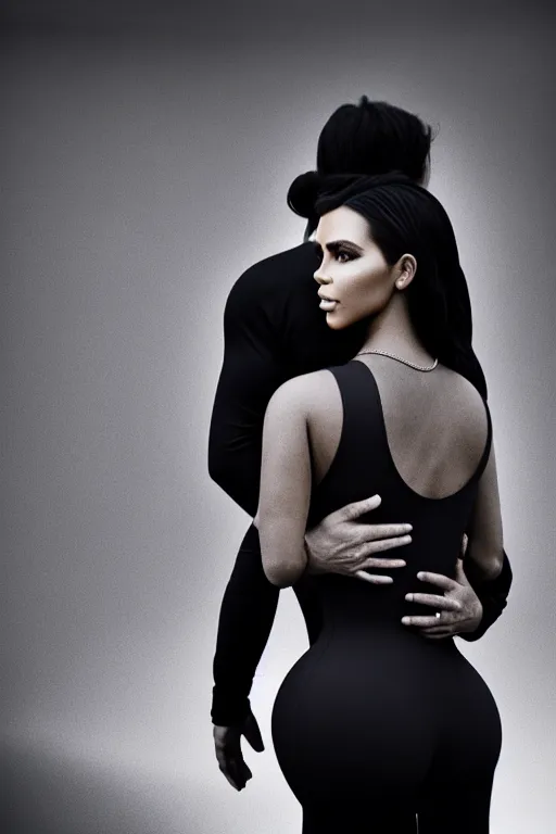 Image similar to johnny cash hugging kim kardashian, centered full body rear-shot, pov from rear, kim wearing skintight grey sportswear, real photo, photoshooting, studio light, Irish mountains background, intricate, epic lighting, cinematic composition, hyper realistic, 8k resolution, unreal engine 5