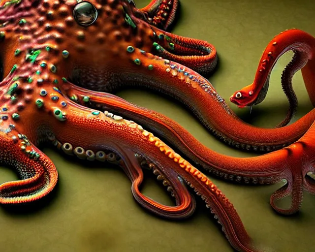 Image similar to hyperrealism photography in araki nobuyoshi dramatic scene from movie the big lebowski style computer simulation visualisation of detailed octopus riding eating human in the detailed ukrainian village in rendered in mandelbulb 4 d