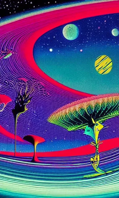 Prompt: edge of interstellar space, bright neon colors, highly detailed, cinematic, hiroo isono, eyvind earle, philippe druillet, roger dean, lisa frank, aubrey beardsley, ernst haeckel