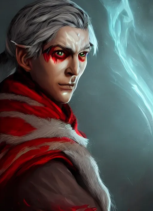 Image similar to A fantasy comic book style portrait painting of a grey elf with red eyes as a Sorcerer in a atmospheric fantasy setting, unreal 5, DAZ, hyperrealistic, octane render, RPG portrait, ambient light, dynamic lighting