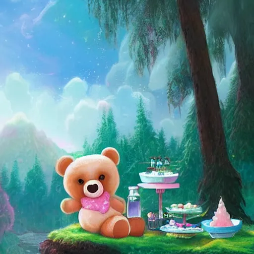 Image similar to a beautiful digital matte painting of an adorable teddy bear with fairy wings sleeping on a cloud of cotton candy, surrounded by candy and desserts, bright natural morning light, mountains river trees, pastel color palette, by andreas rocha and jeremiah ketner