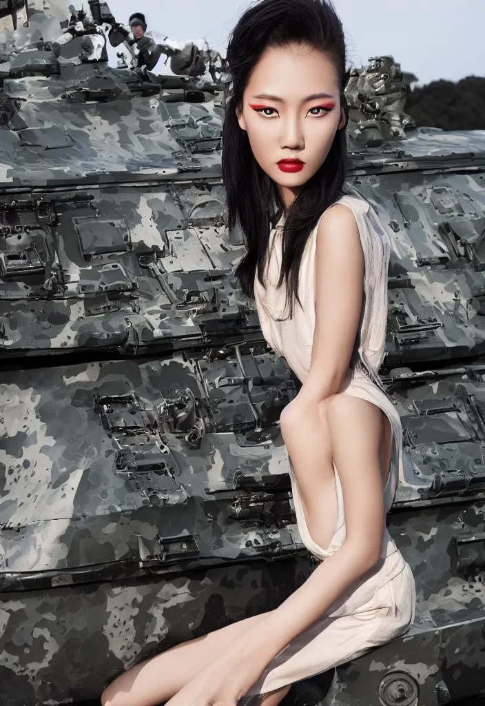 Prompt: gorgeous chinese model, elegant shiny reflective party dress, at the front of a military tank at dusk, high fashion photography for vogue italia
