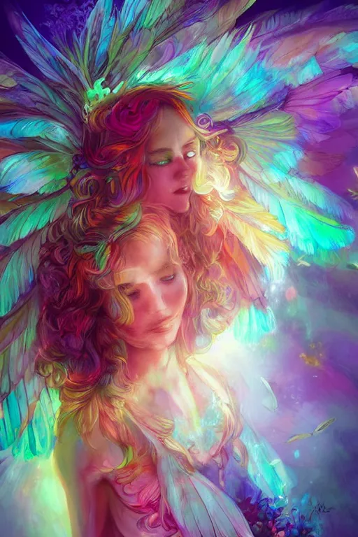 Prompt: wonderdream faeries lady feather wing digital art painting fantasy bloom vibrant keane glen apterus sabbas guay rebecca illustration character design concept colorful joy atmospheric lighting butterfly