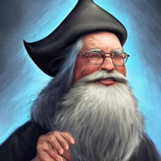 Image similar to a kind old wizard with a long white beard looking a confused, holding a pet chicken perched top of his hat, wearing a blue robe, grey eyes, realistic, detailed, trending on ArtStation, by Tony Sart