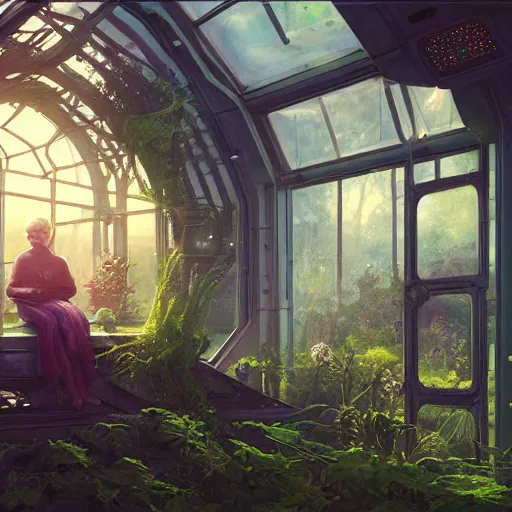 Image similar to , boy with grandma in scifi green house, spaceship, plants, stephen bliss, misty, unreal engine, fantasy art by greg rutkowski, loish, ferdinand knab, and lois van rossdraws, global illumination, radiant light, minimalist, detailed and intricate environment