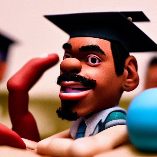 Image similar to a cinematic film still of a claymation stop motion film starring chance the rapper as a college student, shallow depth of field, 8 0 mm, f 1. 8