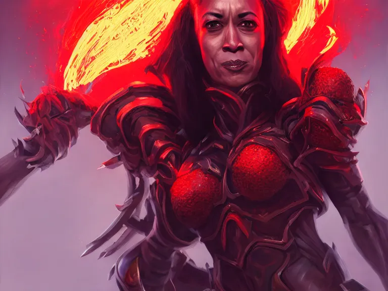 Image similar to portrait of queen of spiders kamala harris, flaming heavy armor and whip, rule of thirds, black and red gradient, photorealistic facial features, league of legends splash art, by chengwei pan, huang guangjian, viktoria gavrilenko, artgerm, greg rutkowski, 8 k, octane, digital painting, artstation