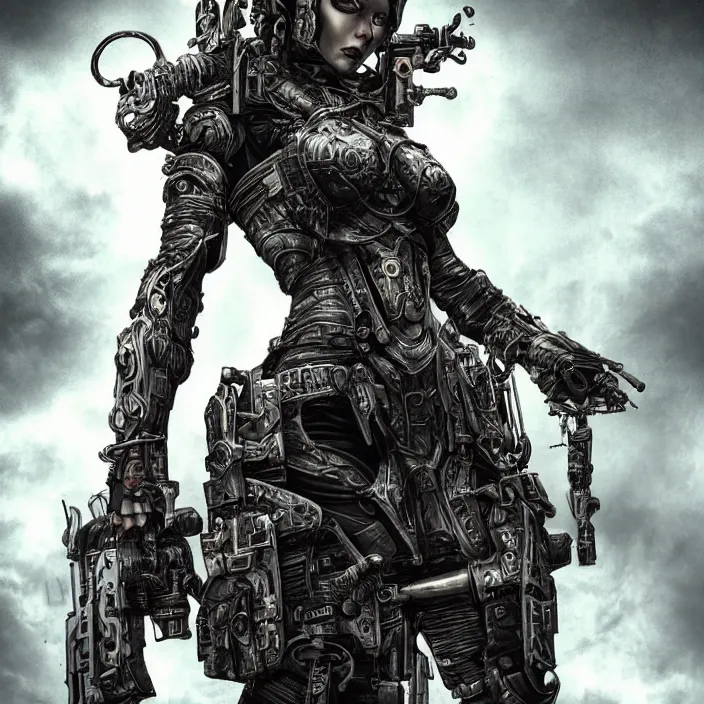 Prompt: apocalyptic woman attached to machine weaponry, hyper - detailed, smooth, sharp focus, 4 k ultra hd, fantasy dark art, apocalyptic art