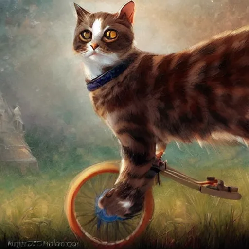 Image similar to head and shoulders masterpiece portrait of cute cat riding a bicycle, surreal background, digital art by Krenz Cushart, trending on artstation