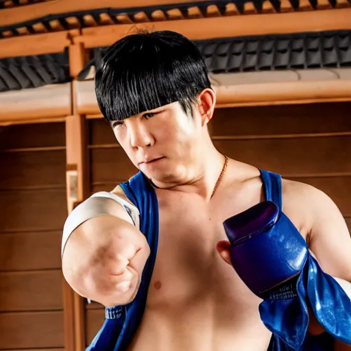 Prompt: a detailed photograph of a man who is training in a japanese temple using unarmed combat, the man is wearing a sailor moon cosplay and looks like a mix between aang from avatar the last airbender and a rugged, middle - aged man with a beard and a blue arrow pointing down from his forehead, anime