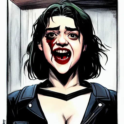 Prompt: Rafael Albuquerque comic art, beautiful female vampire Maisie Williams, mouth open smile sharp vampire teeth, leather jacket, symmetrical face, long hair, long sharp fingers claws, full body