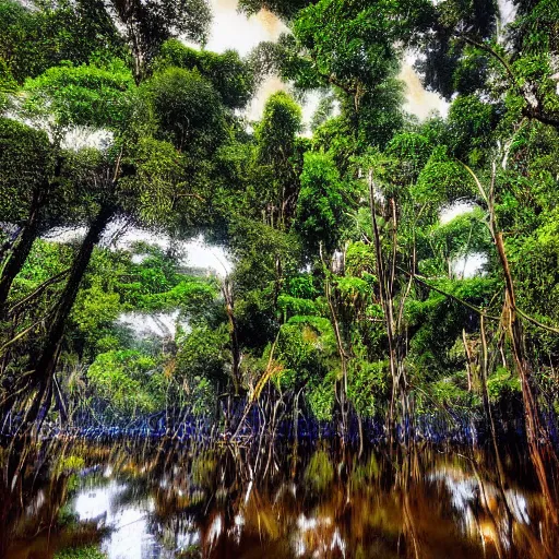 Prompt: magical trees and the amazon river in the amazon rainforest by anderson debernardi and pablo amaringo