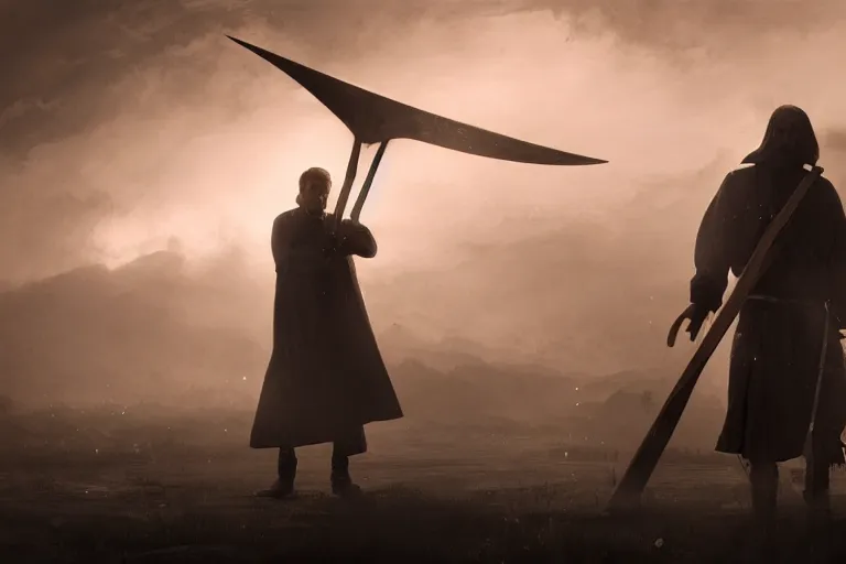 Image similar to concept art, a stage, man with scythe, traditional romanian clothing, dramatic lighting, beautiful, volumetric lighting, colorful, octane render