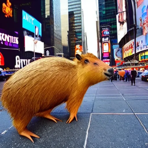 Image similar to a giant capybara standing in Times Square