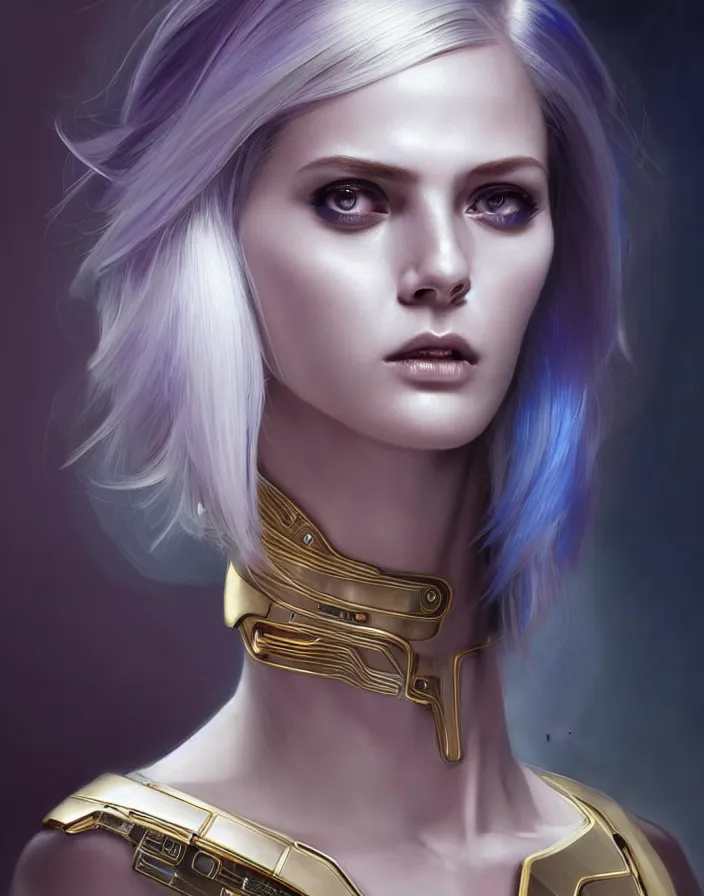 Image similar to futuristic woman android portrait, sci-fi female, striking azure eyes, face, short platinum hair tomboy, cyberpunk femme fatale, intricate, elegant lady with alabaster skin, highly detailed gold filigree, digital painting, artstation, concept art, smooth, sharp focus, illustration, studio photo by artgerm and greg rutkowski and alphonse mucha:3, overexposed, dark, gray, monochrome:-2