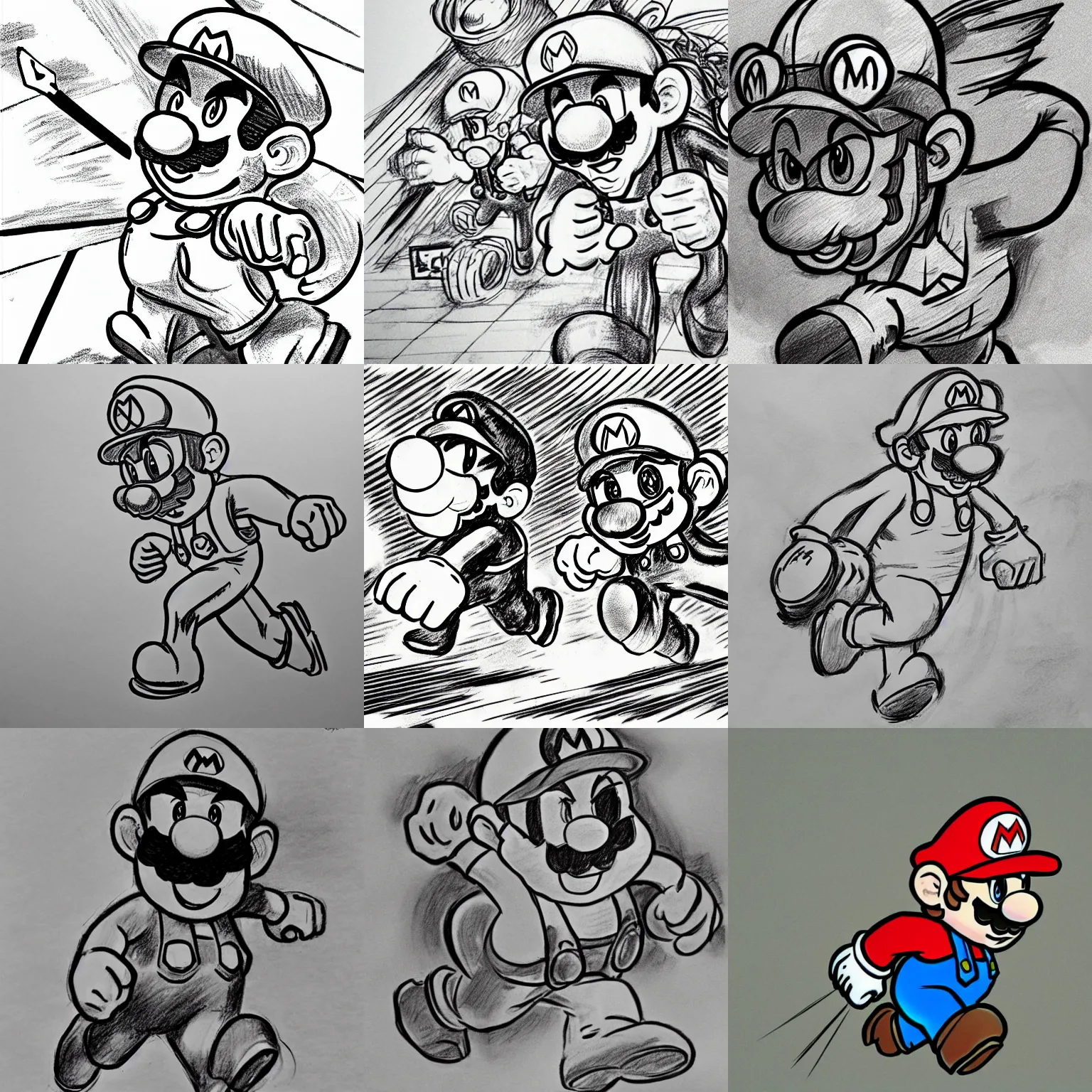Prompt: epic shaded pencil sketch of super mario running, focused stare, striking detailed artstyle, monochrome, accurate colors, talented mangaka artist