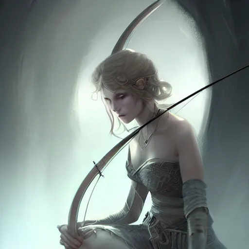 Image similar to beautiful extremely detailed intricate concept art depicting an archer by charlie bowater. shining jewelry. grey atmosphere. particles in the background. artstation