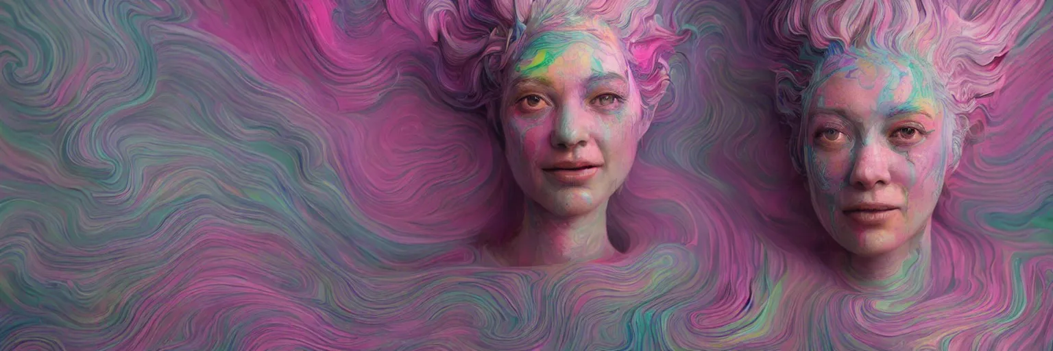 Prompt: A portrait of a very beautiful goddess with pink and grey hair radiating an artwork made of multicolored swirling paint by James Jean and Ross Tran and WLOP , volumetric displacement by Lee Griggs, hyperrealism, subsurface scattering, octane render, bokeh, 8k, xparticles