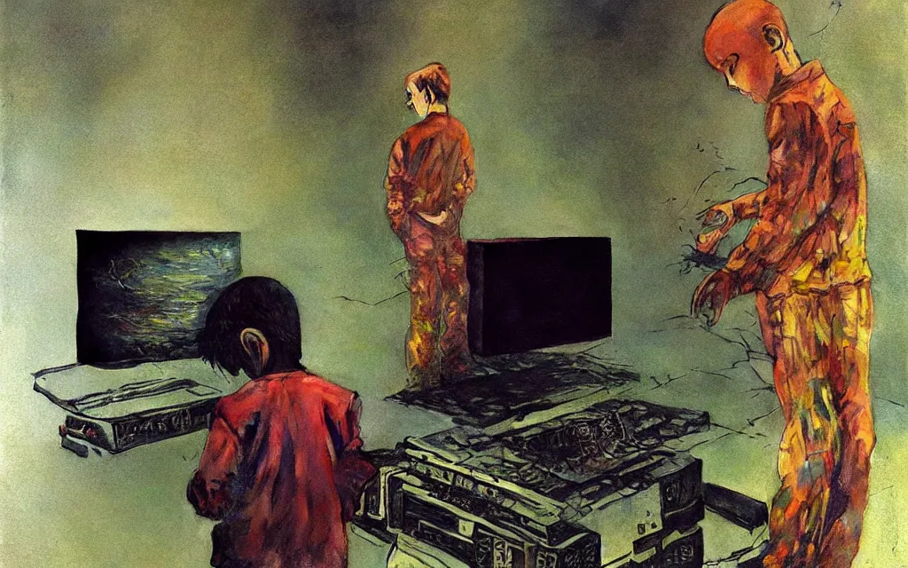 Prompt: early color photo of an boy standing and looking at an old PC computer monitor from 90s in an old soviet apartment, Beksinski impasto painting, part by Adrian Ghenie and Gerhard Richter. art by Takato Yamamoto, masterpiece