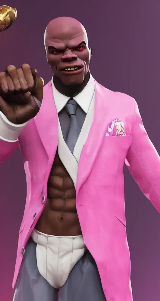 Image similar to doomfist, pink blazer, overwatch game, digital art, high detailed, artstation, octane render