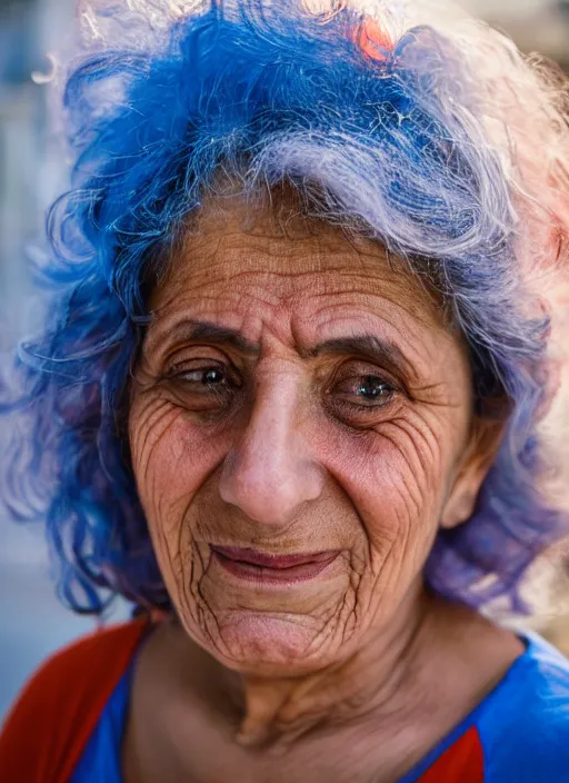 Image similar to Mid-shot portrait of a 60-year-old woman from Cyprus, happy, strong blue and orange colors, candid street portrait in the style of Martin Schoeller award winning, Sony a7R