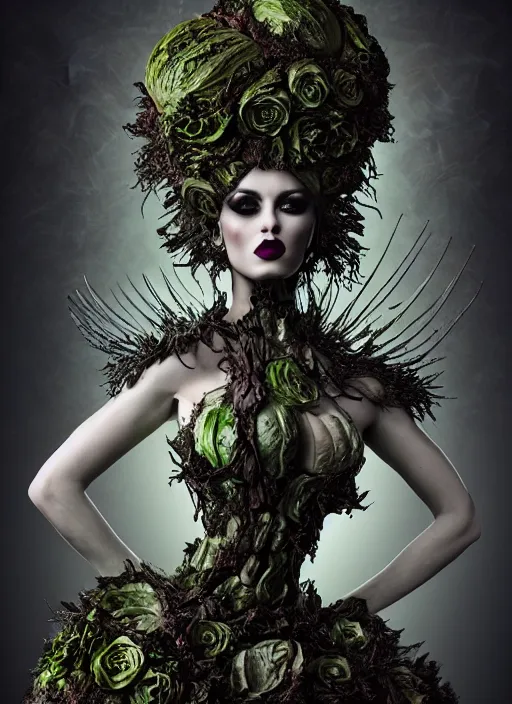 Prompt: expressive full body photo of demoness, dress made of cabbages, glamour shot, by karol bak, stefan gesell, photorealistic, nikon d 4 x, fashion photography, hyper maximalist, elegant, ornate, luxury, elite, environmental portrait, symmetrical features, octane render, unreal engine, solid dark grey background, dramatic lights